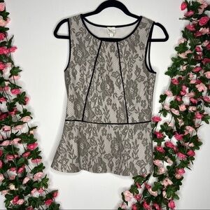 Weston Wear Womens Tan Creme Peplum Blouse Small Mixed Media Lace Overlay